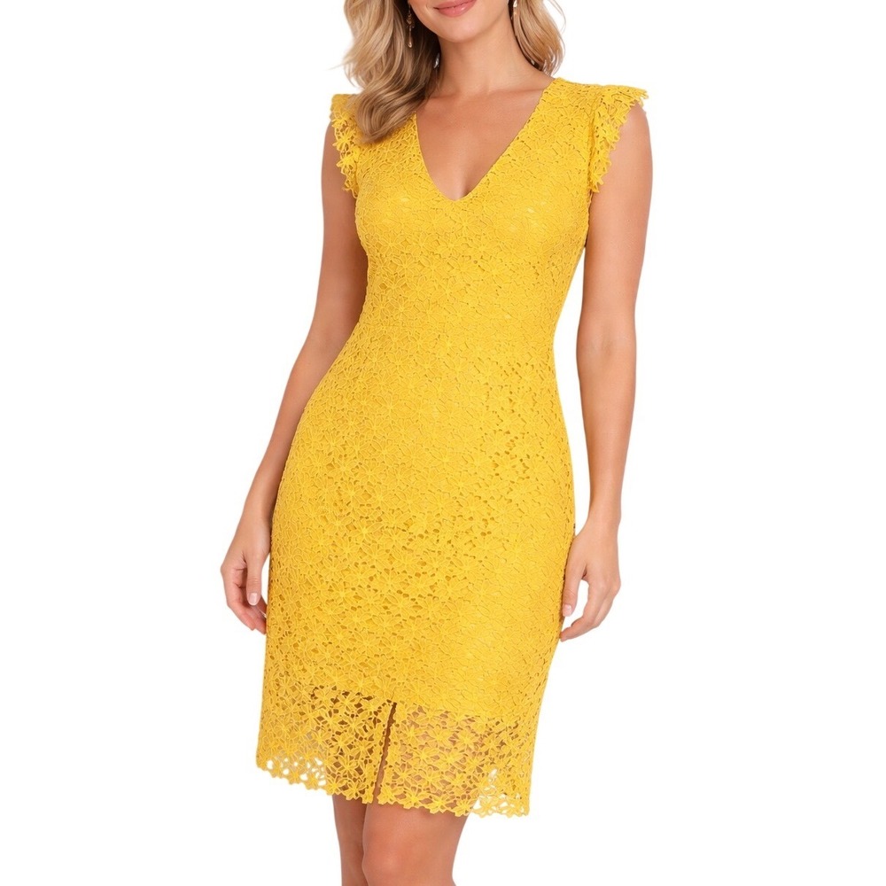 JOA Women Yellow Floral Lace Sheath Dress Medium Flutter Sleeve V-Neck BC5826